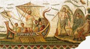 Mosaico antico con una nave e figure umane in abiti classici sulla riva